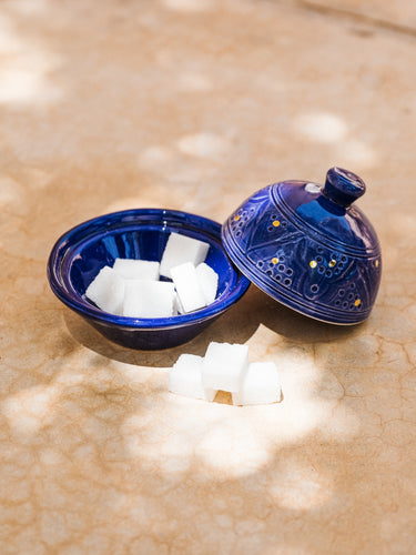 Set of two medium majorelle blue zwak cups and one majorelle blue gold imprint butter dish (9669549719871)