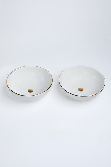 2 LARGE ROUND BOWLS WHITE GOLD IMPRINT (15009120321919)