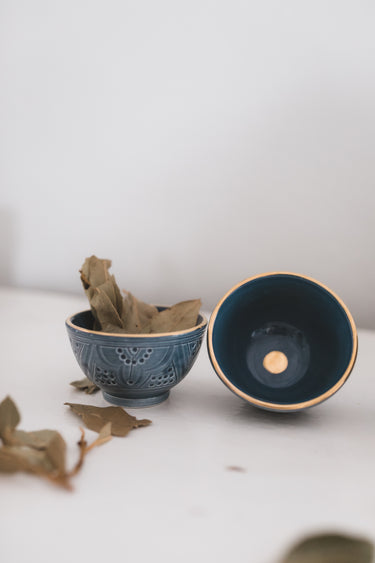 2 BLUE GREY GOLD IMPRINT CERAMIC MINI BOWLS (6901400797226)