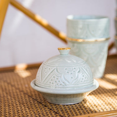 ALMOND GREEN GOLD IMPRINT CERAMIC BUTTER DISH (1584239738903)