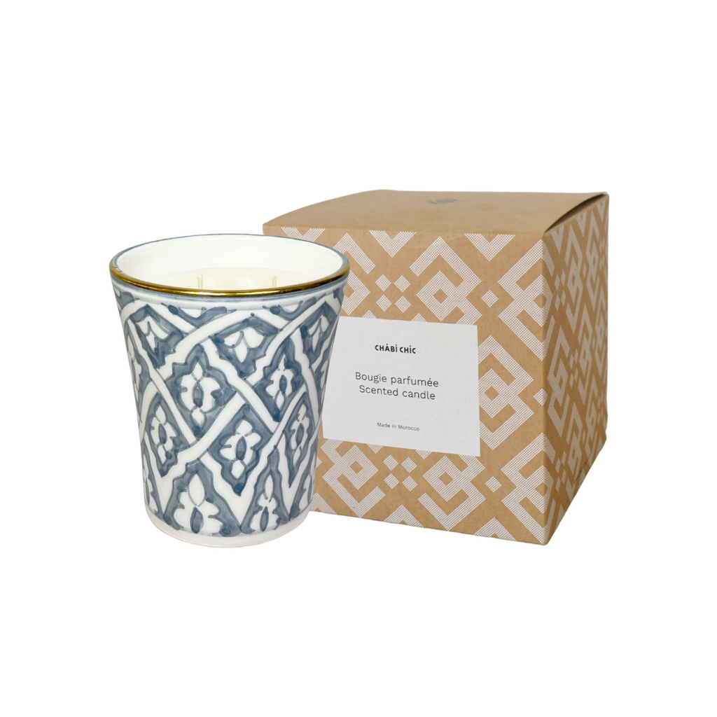 Grande bougie conique Fassia bleu stone parfumée fleur d'oranger gold (8048173220159)